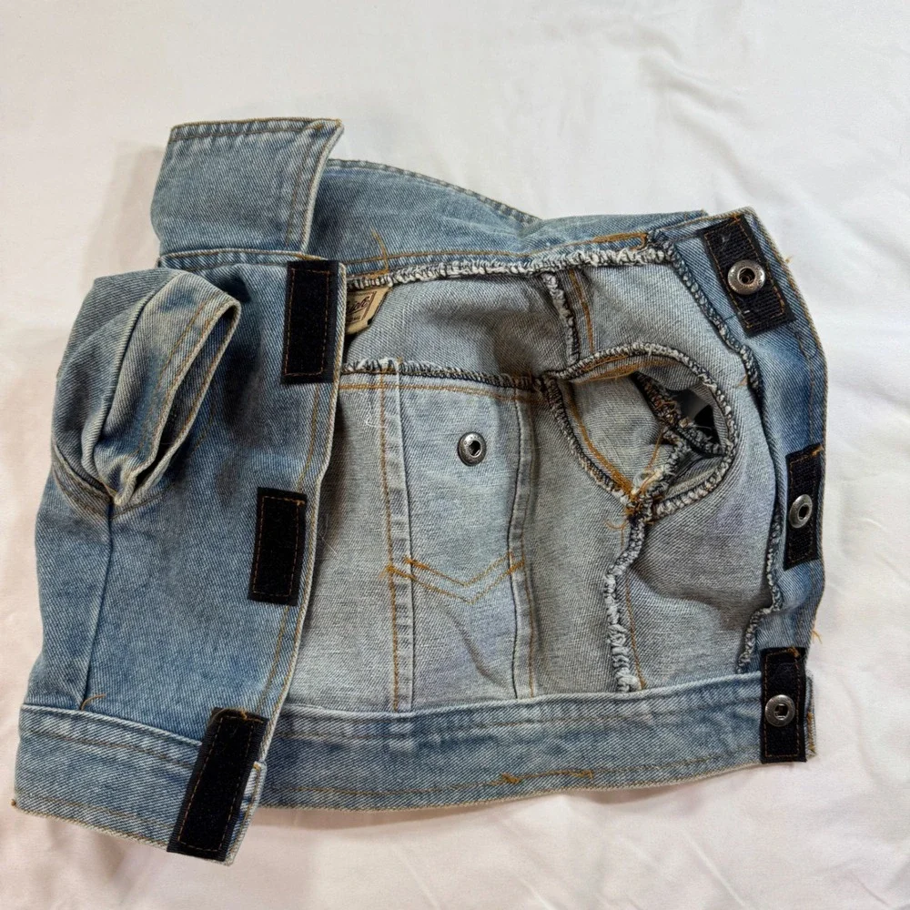 Woolrich Small Dog Denim Jacket Vest Set Patriotic Sequin Stars Blue Medium Wash